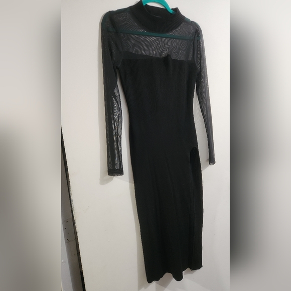 Almost Famous Bodycon Thigh Slit Mesh Long Sleeved Ribbed Sweater Dress, Size XL - Picture 2 of 4